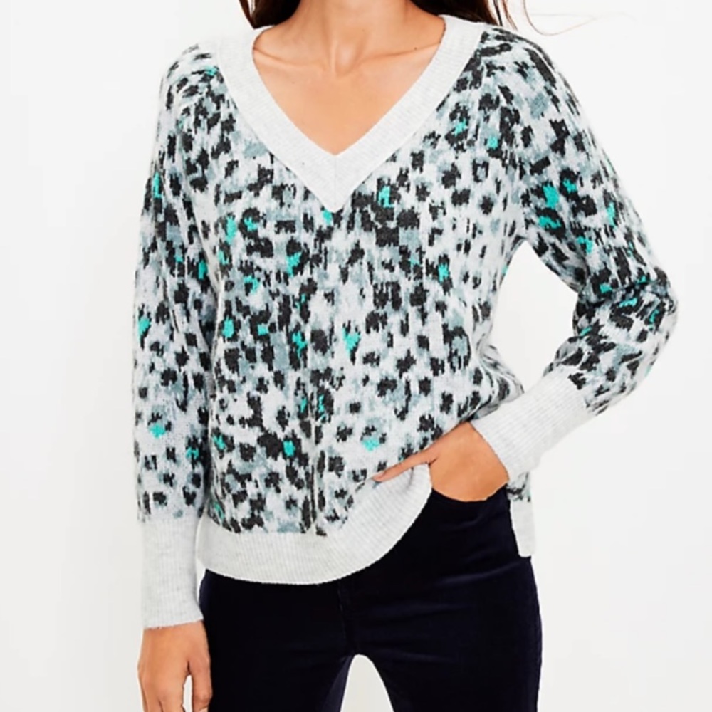 Loft Leopard Print Relaxed V-Neck Sweater size XS NWT